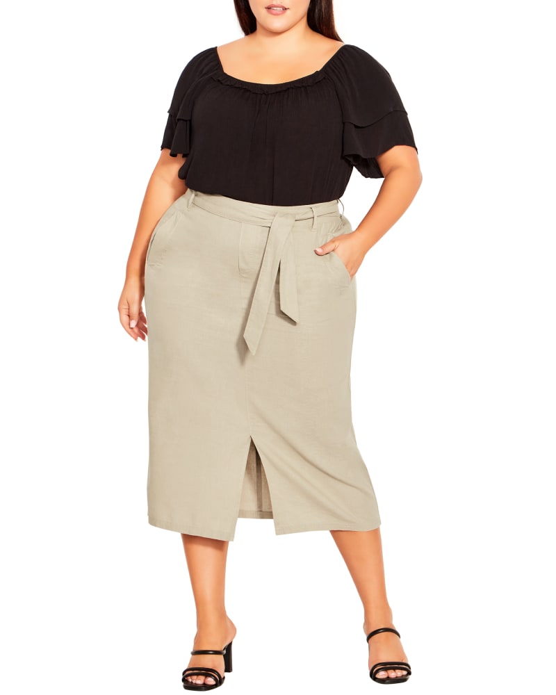 Front of a model wearing a size 18 Diana Linen Skirt in Stone by avenue. | dia_product_style_image_id:288605